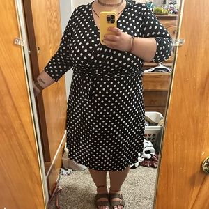 Black and white polka dot fake wrap dress